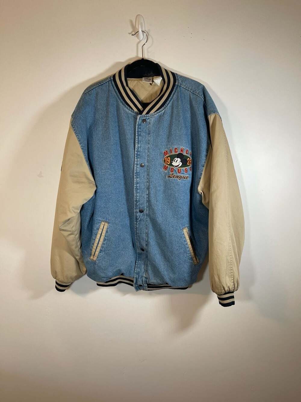 Vintage Disney Mickey Mouse 1928 League Champs Denim Bomber Varsity Jacket 2XL